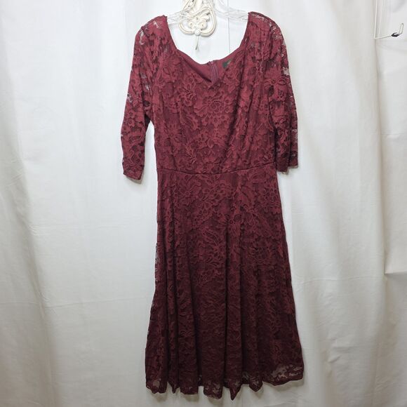 DRESSYSTAR Midi A-line Dress Lace Overlay Fit and Flare Burgandy 3/4 Sleeves XL - Picture 3 of 11